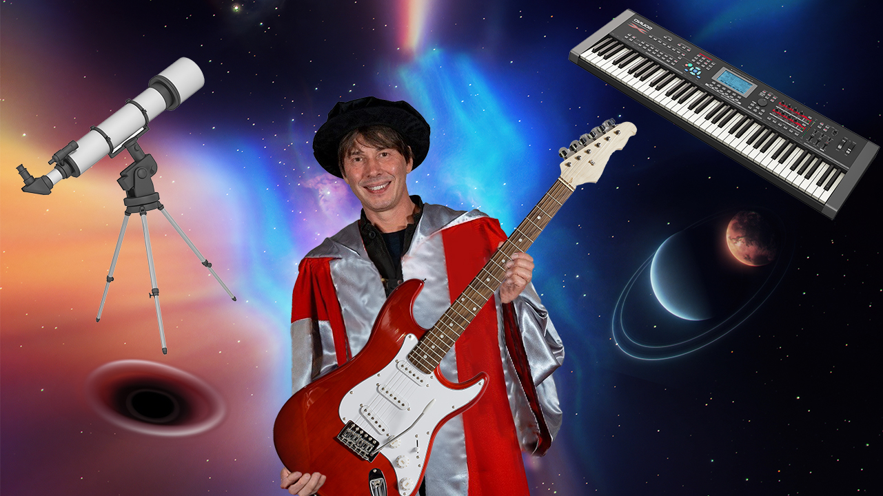 Man in academic robe holding a guitar, surrounded by space imagery, telescope, and keyboard.