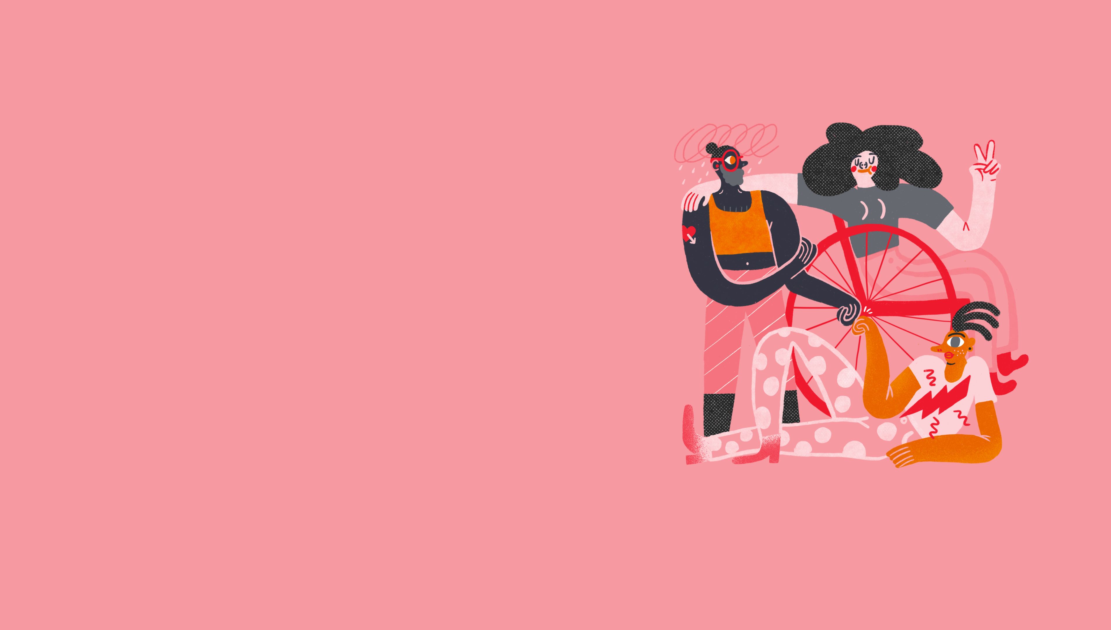 Illustration shows a woman in a wheelchair, a character with rainclouds over their head and a third character lounging on the ground