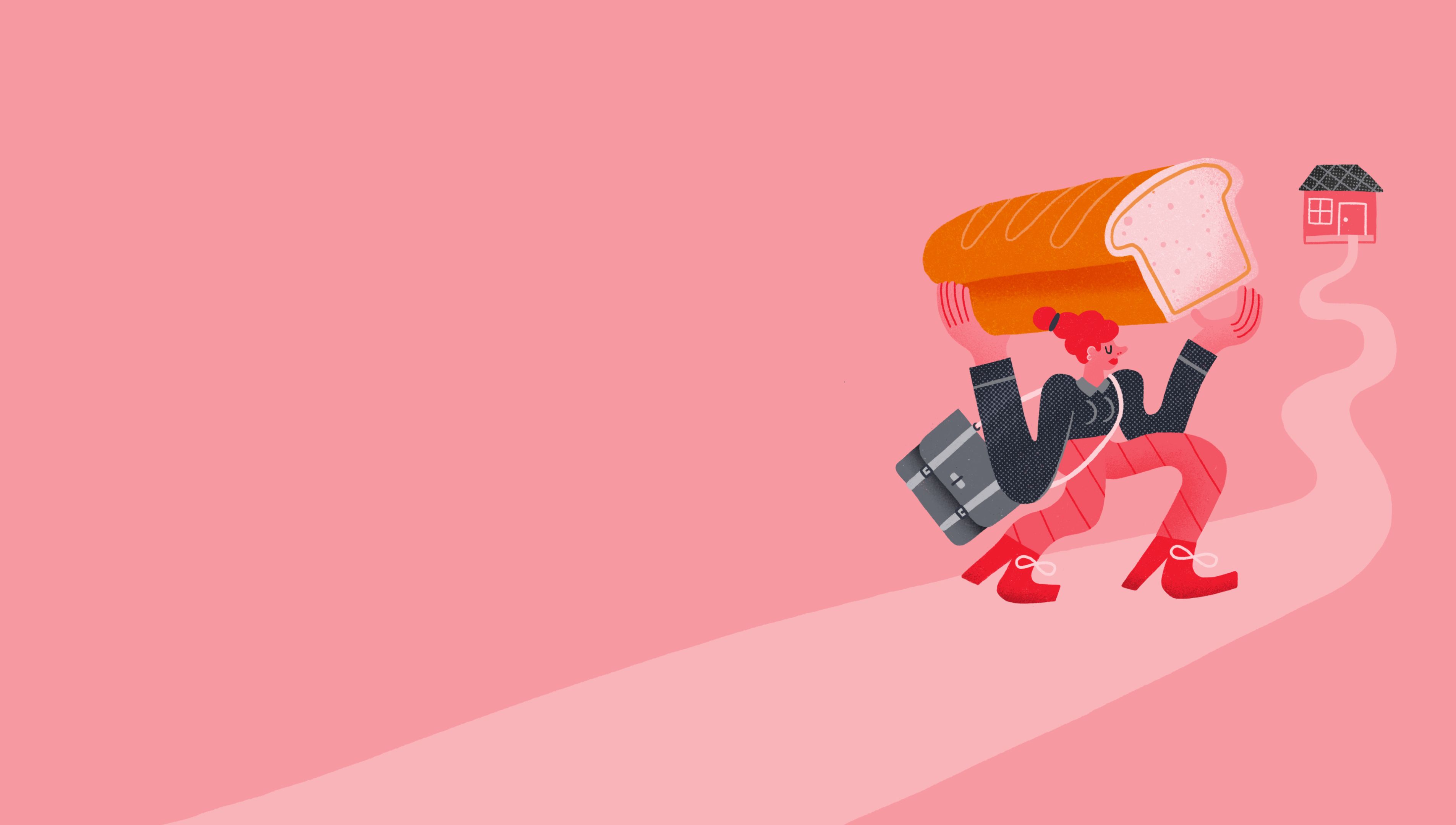 Illustrated woman carries large loaf of bread over her head as she walks along a path towards her house