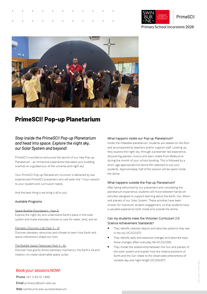 PrimeSCI! Pop-up Planetarium 2026 flyer