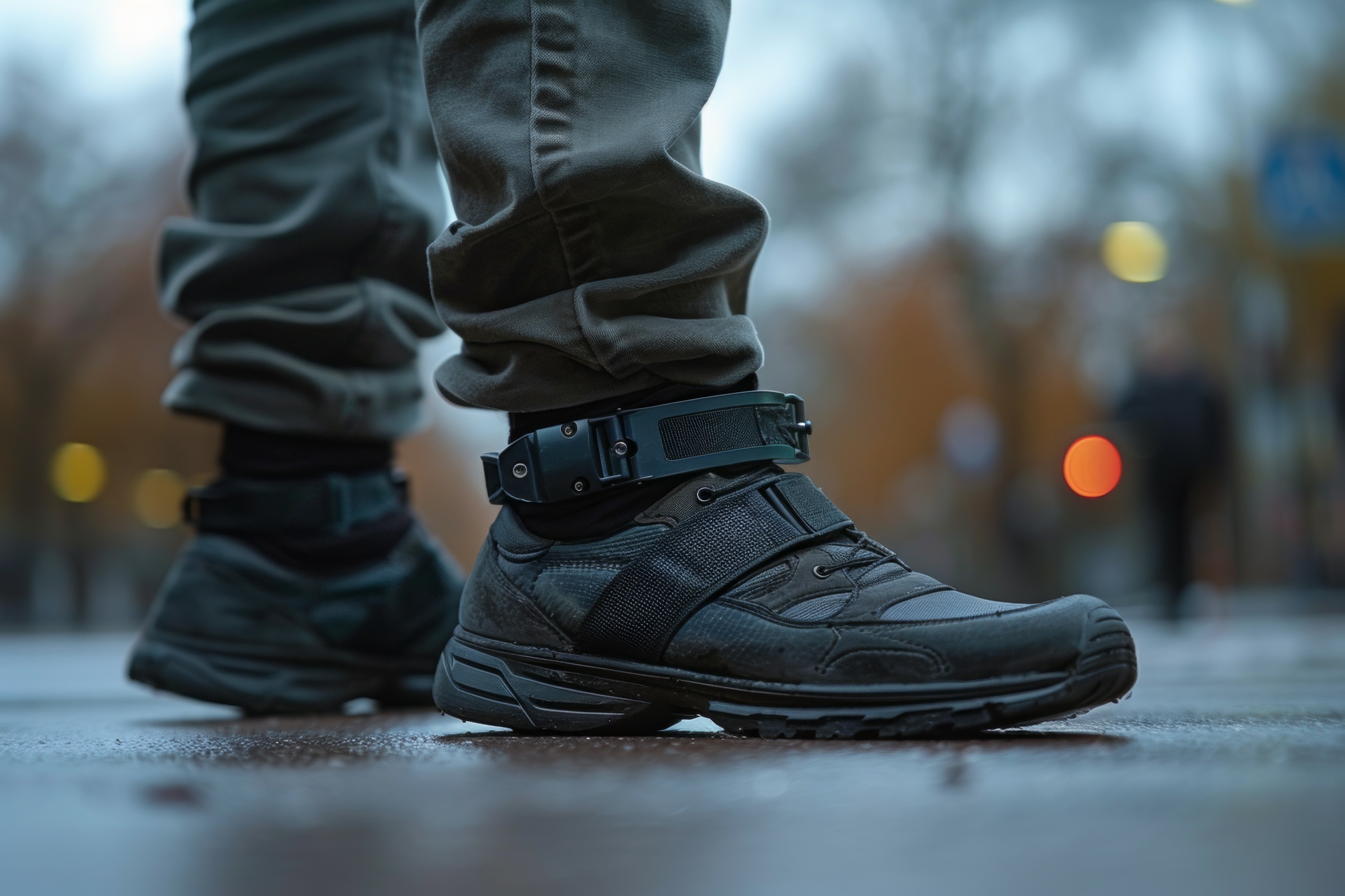 A person is wearing black shoes with a strap around their ankle. Electronic bracelet