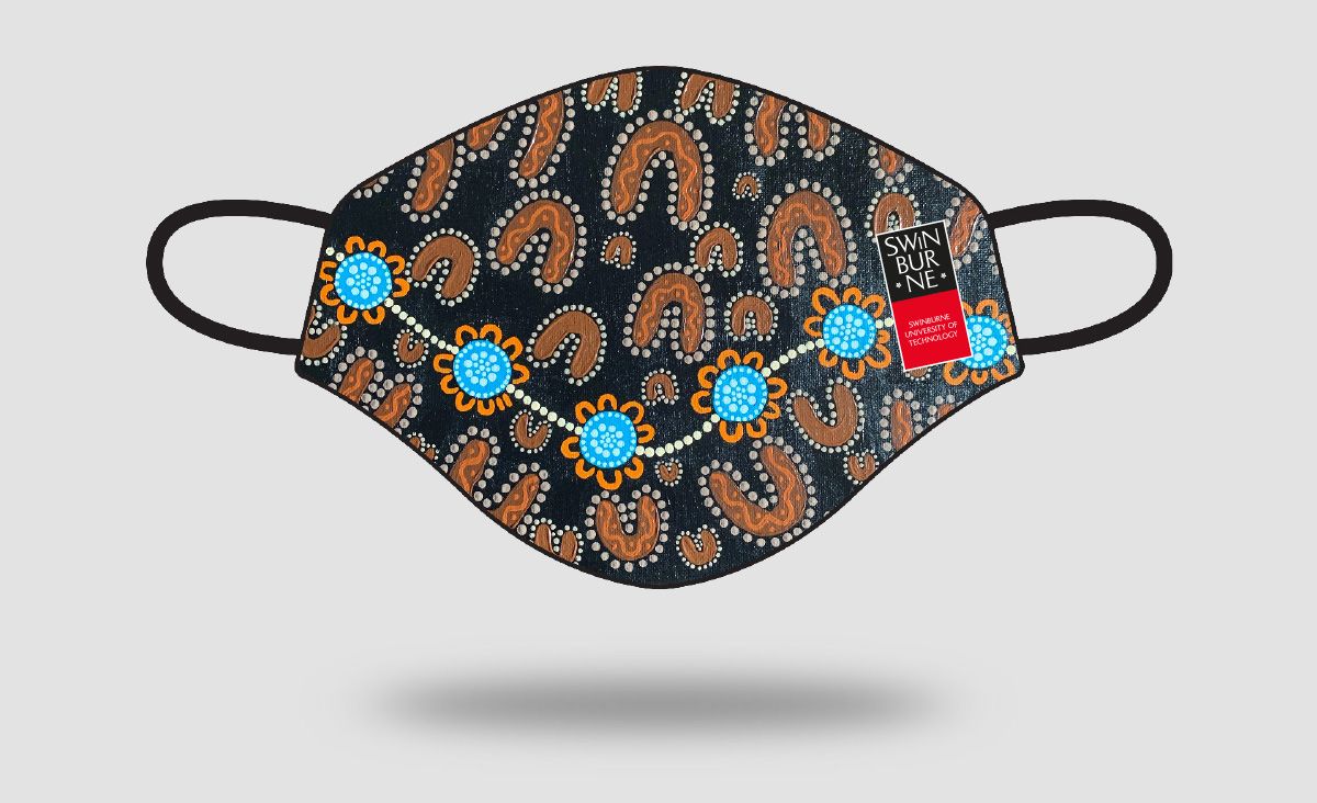 Swinburne branded reusable face mask with Indigenous design 