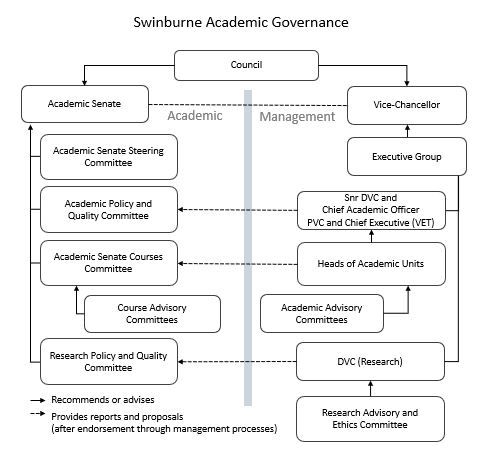 The Swinburne Academic Governance organisation chart illustrates the relationship between the University Council and the academic and management functions. Council is the overarching body, with Academic Senate and the Vice-Chancellor reporting through to Council.   In relation to the Academic function, sub-committees reporting to Academic Senate include the Academic Senate Steering Committee, Academic Policy and Quality Committee, Academic Senate Courses Committee and Research Policy and Quality Committee. Guided by the DVC (Academic), Heads of Academic Units, Course & Academic Advisory Committees, DVC (Research) and Research Advisory & Ethics Committee.  In relation to the management function, Executive Group report through to the Vice-Chancellor, along with the Snr DVC & Chief Academic Officer and the DVC (Research).