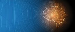 Blue and orange graphic of an abstract brain with an abstract finger print overlay