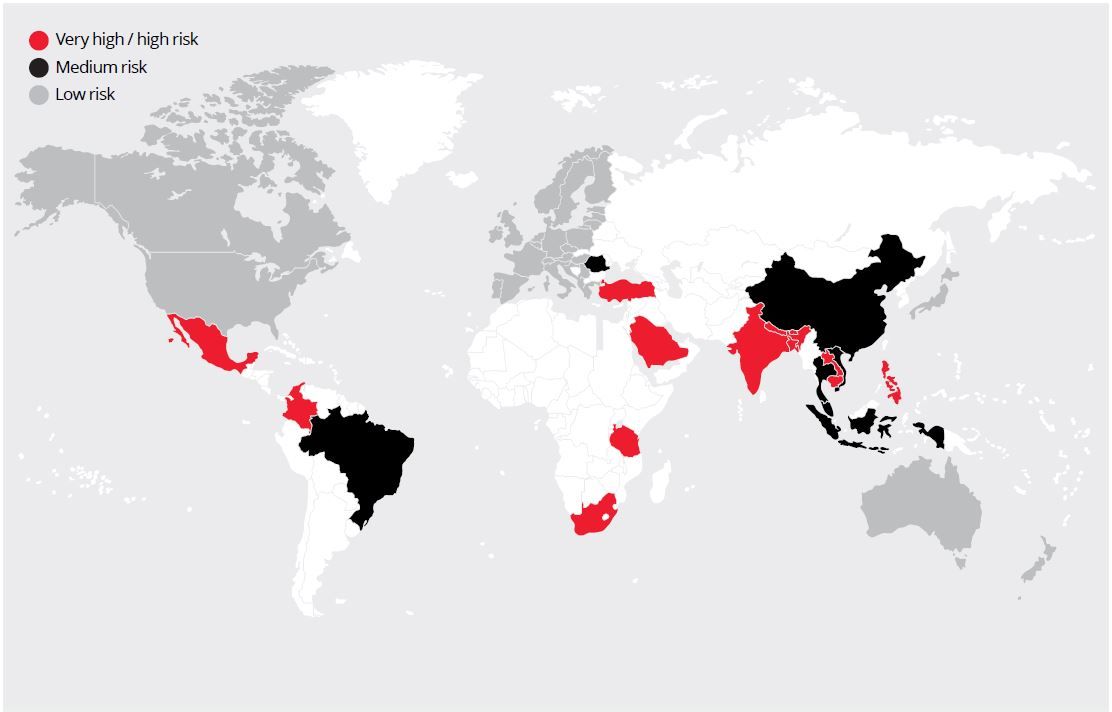 Swinburne’s suppliers in 2024 by country in relation to the prevalence of modern slavery risks as per the ArcBlue tool. A text alternative is provided. 