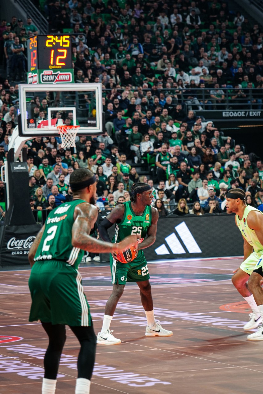 Basketball player preparing to throw the ball mid-game