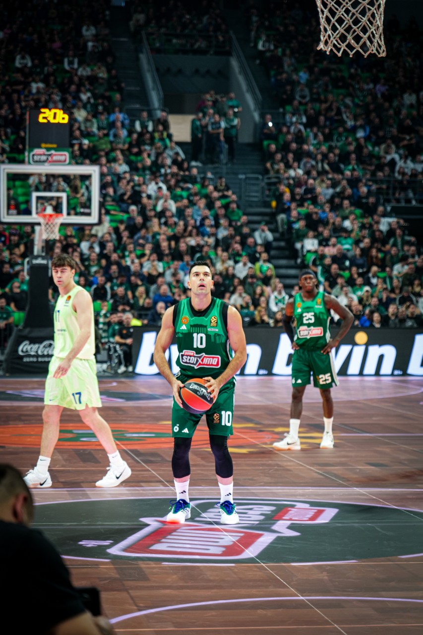 Basketball player preparing to shoot in a game