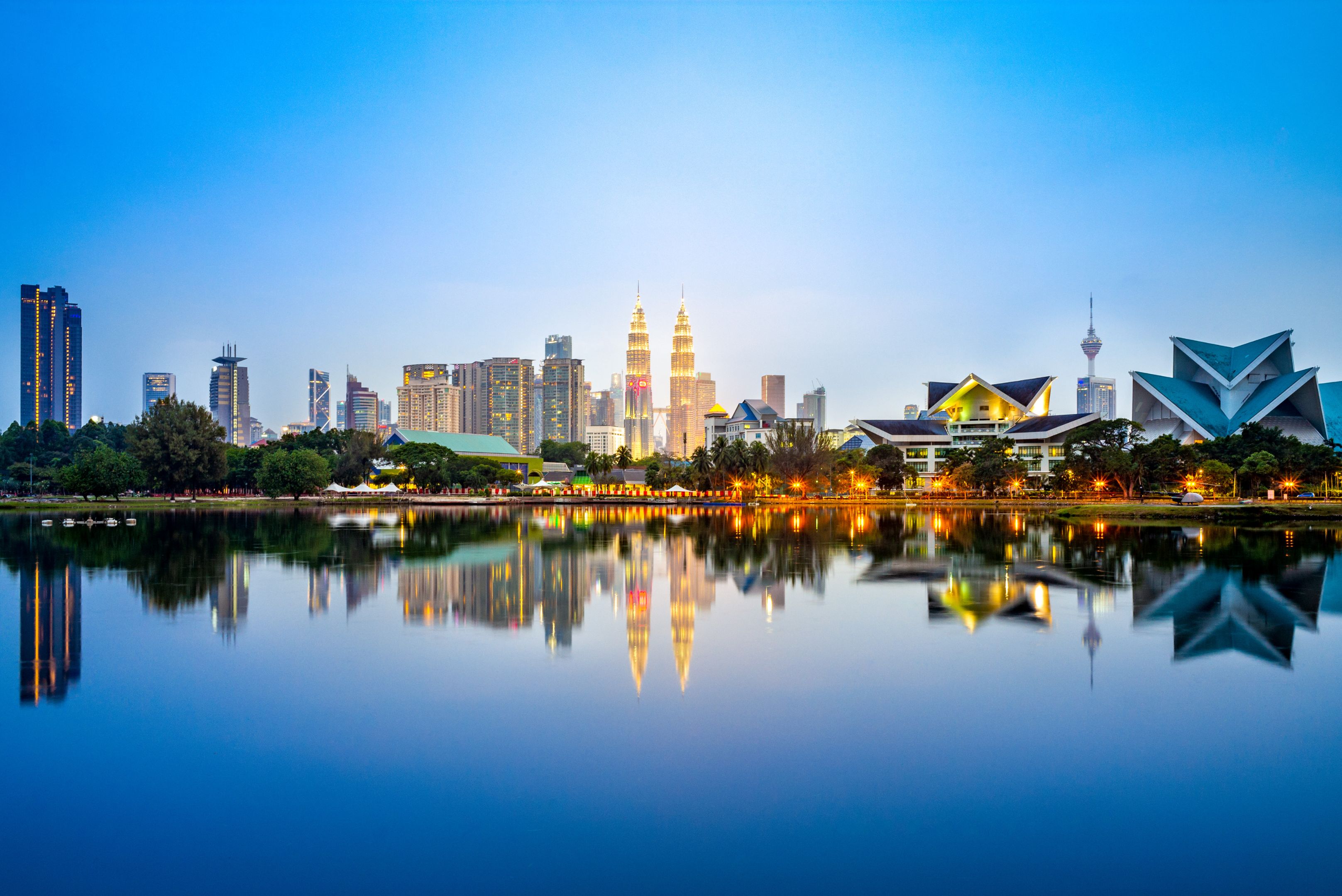 Dusk skyline by the lake of Titiwangsa in Kuala Lumpur, Malaysia