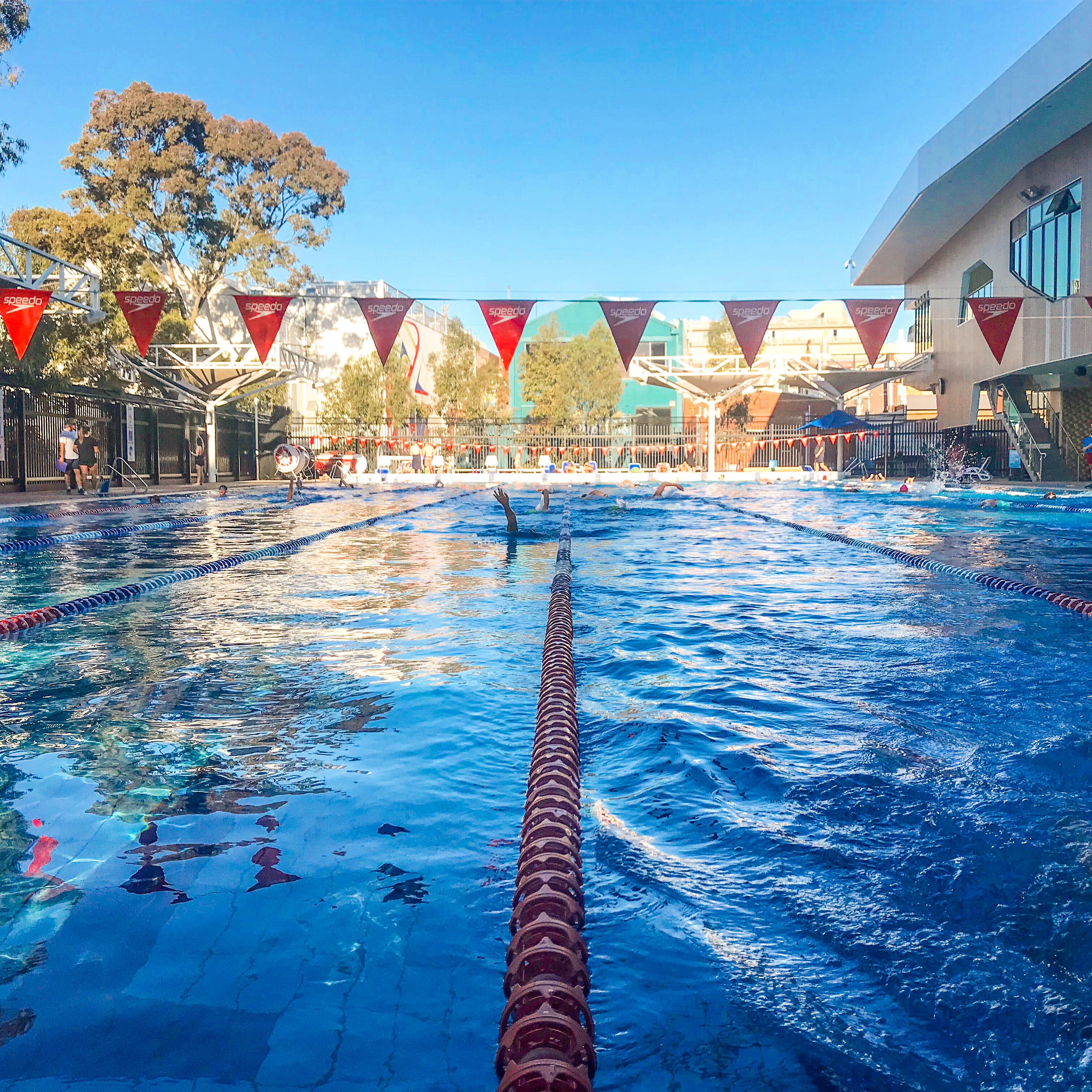 Students swimming in outdoor open air swimming pool
