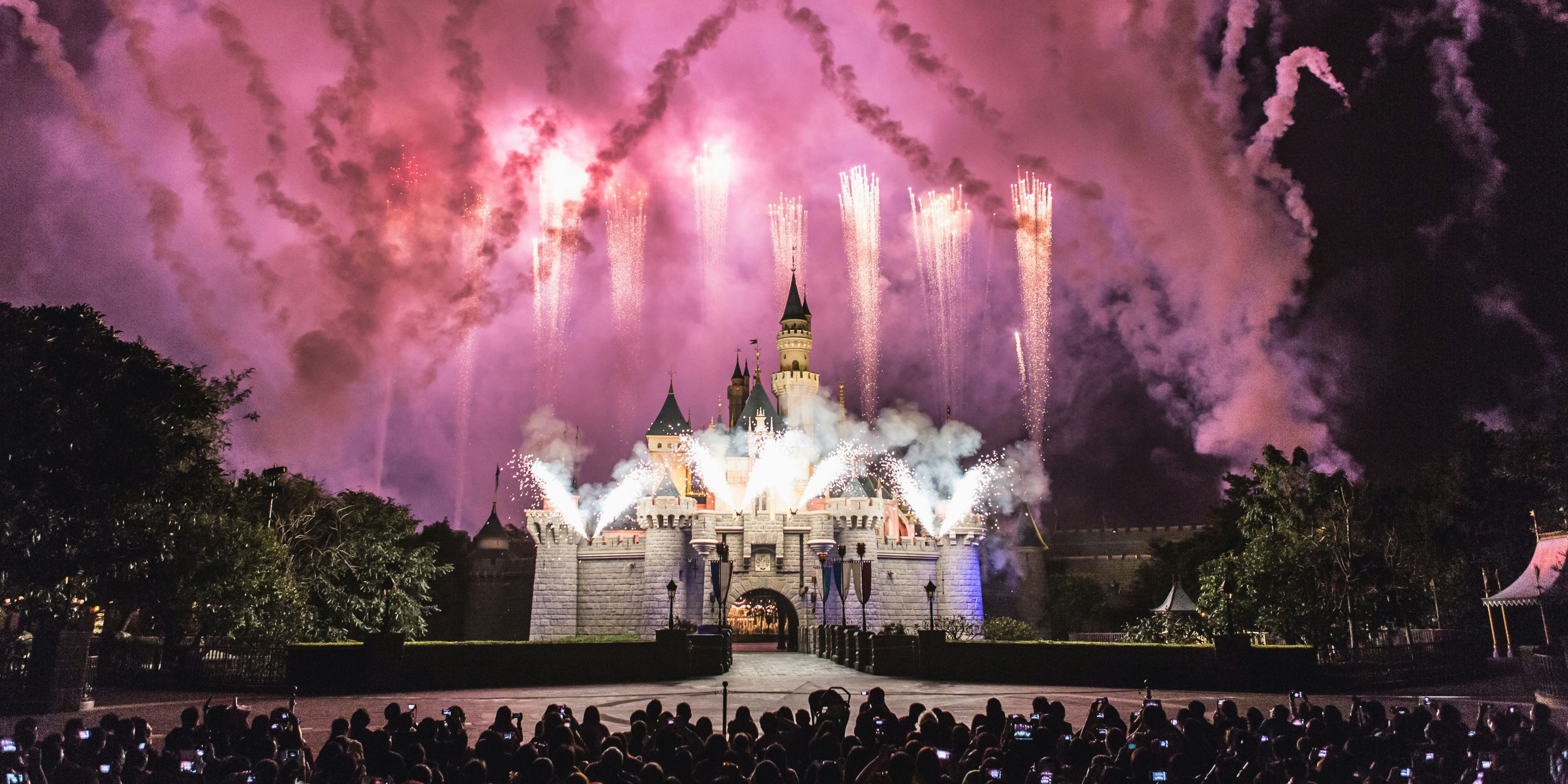 Night view of Hong Kong disneyland with fireworks display