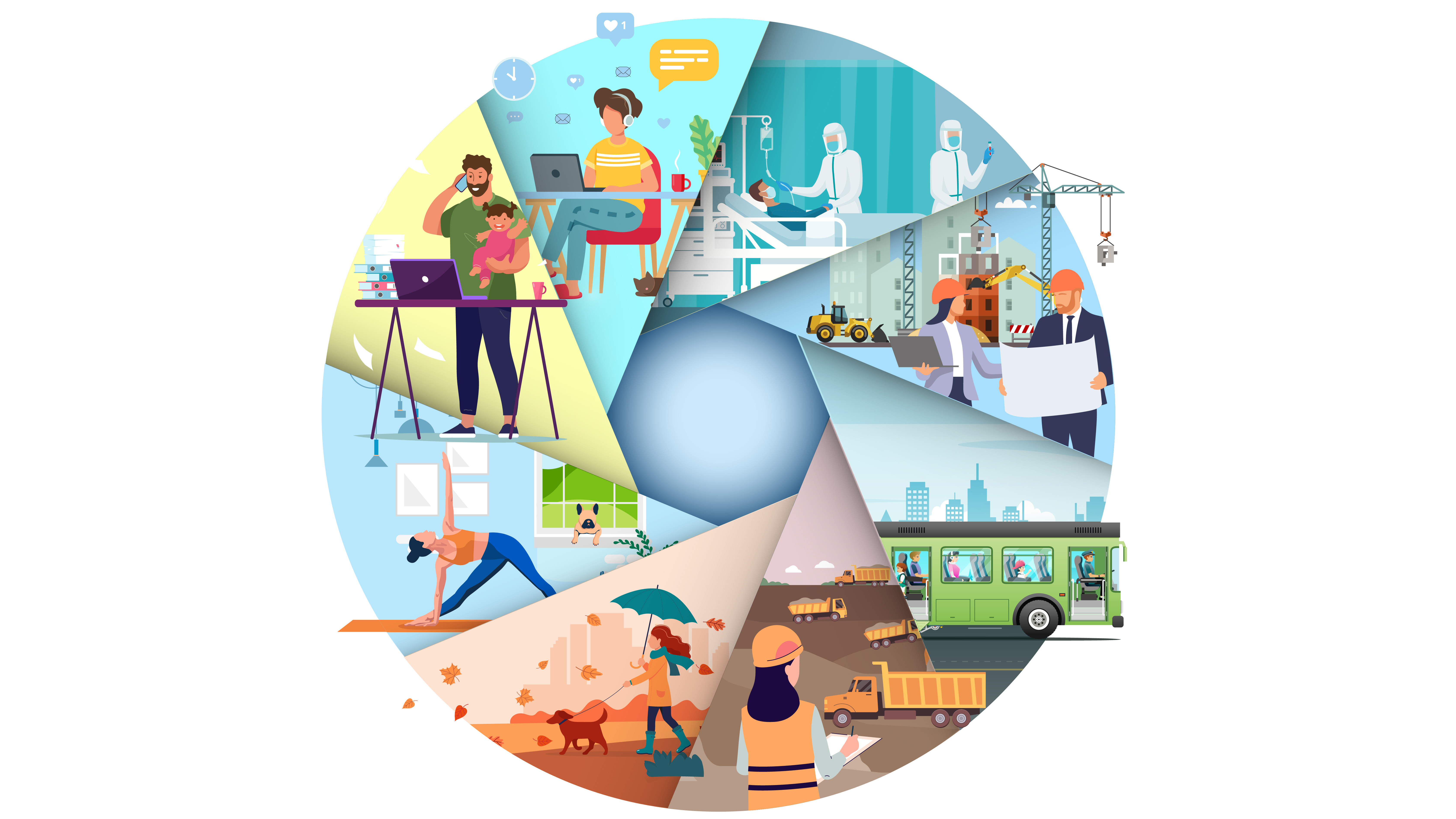 A circular illustration depicts various workers and sectors and people undertaking various non-work-related duties and pastimes