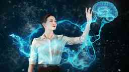 Asian woman reaching for virtrual, digital brain