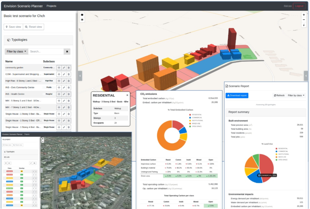 A screenshot of a computer screen showing various windows featuring graphs and diagrams, as part of the Envision Scenario Planner software.