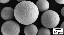 Large monochromatic spheres, several times larger than a 20µm scale, are visible. This is a scanning electron microscope image of Swinburne and EntroMat's high entropy powder.