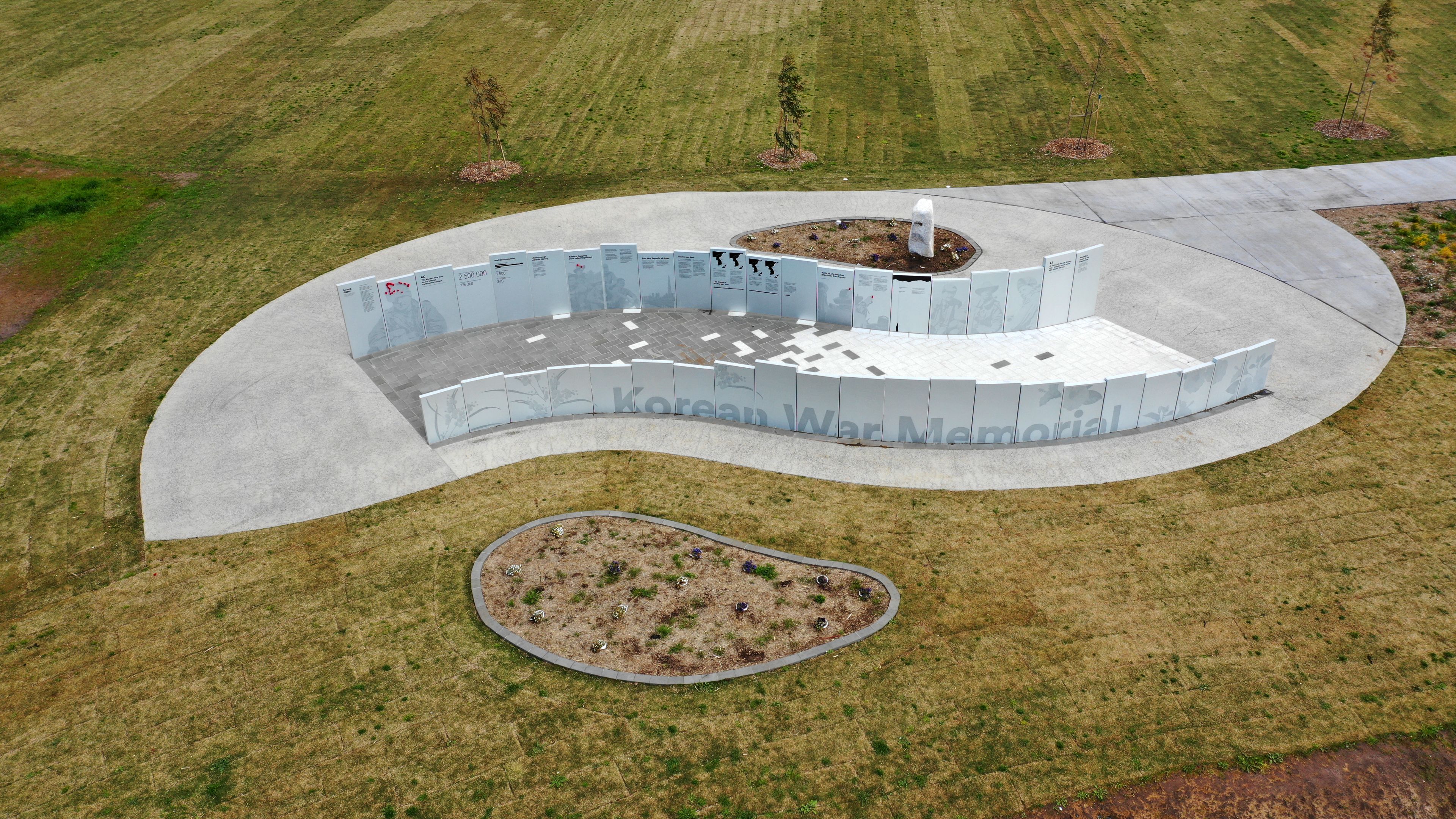 A wide aerial shot of the Melbourne Korean War Memorial