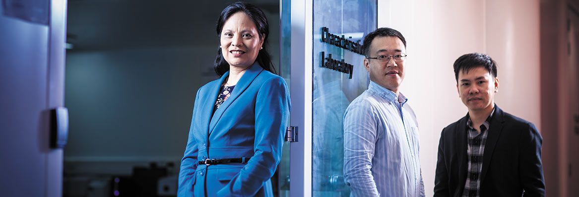 The inventors of Dyemaker, Professor Feng Wang, Dr Rui Zhou, and Minh Tai Nguyen stand side by side