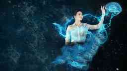 Asian woman reaching for virtrual, digital brain