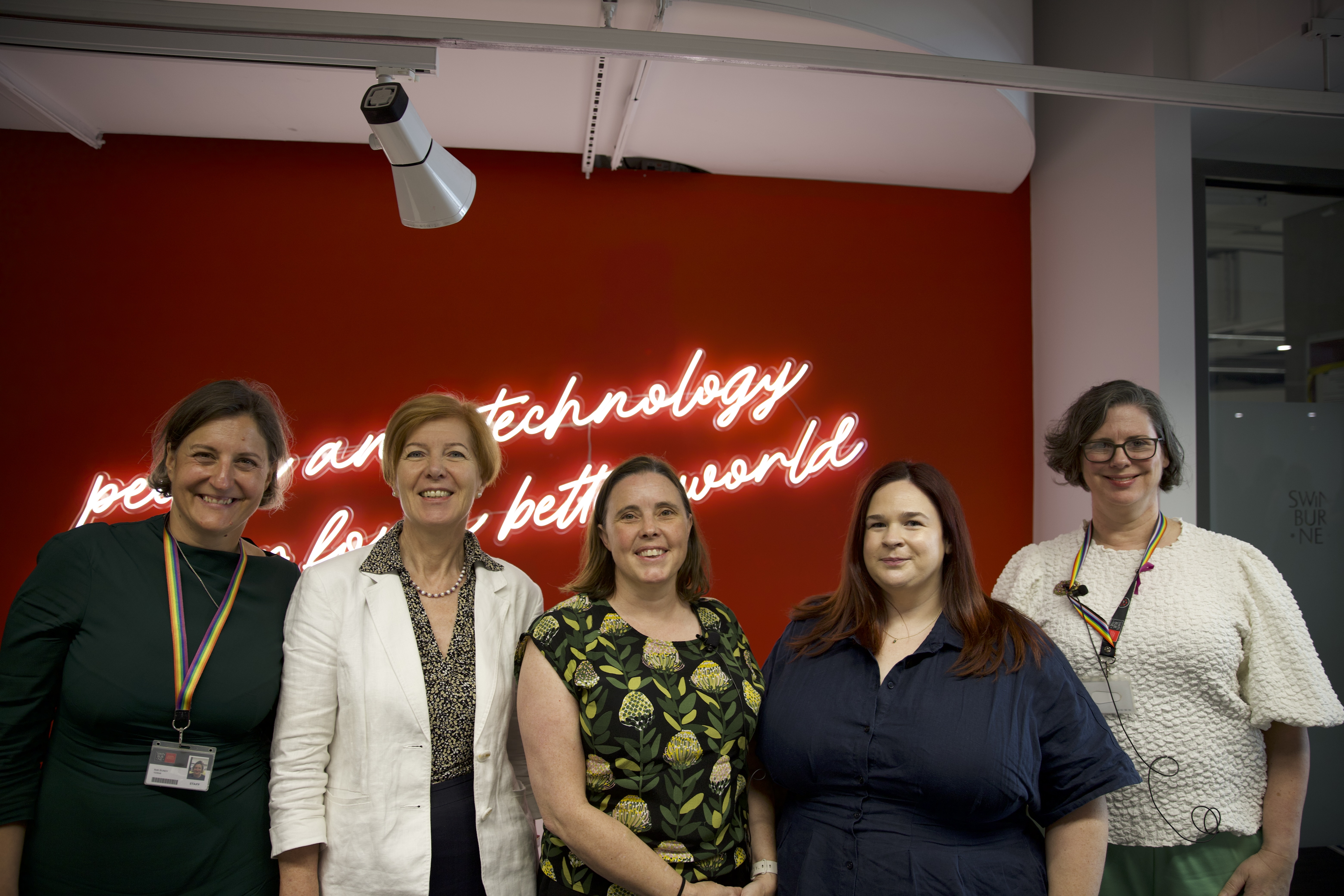Chief People Officer Beth Bundy, Vice-Chancellor and President Professor Pascale Quester AO, Professor Kay Cook, Dr Rachael Burgin and Deputy Vice-Chancellor (Research) and Executive Champion for Gender Equality Professor Karen Hapgood stand together at Swinburne's 2026 International Women's Day event.  