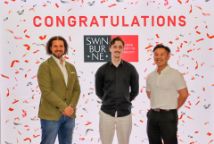 Inaugural Excellence in Architectural Design Visuals award winner Alan Kenyon (middle) with Department Chair of Architectural and Industrial Design Associate Professor Gianni Renda (left) and Lecturer and award donor Dr Linus Tan (right) at the School of Design and Architecture’s 2024 Graduate exhibition. 