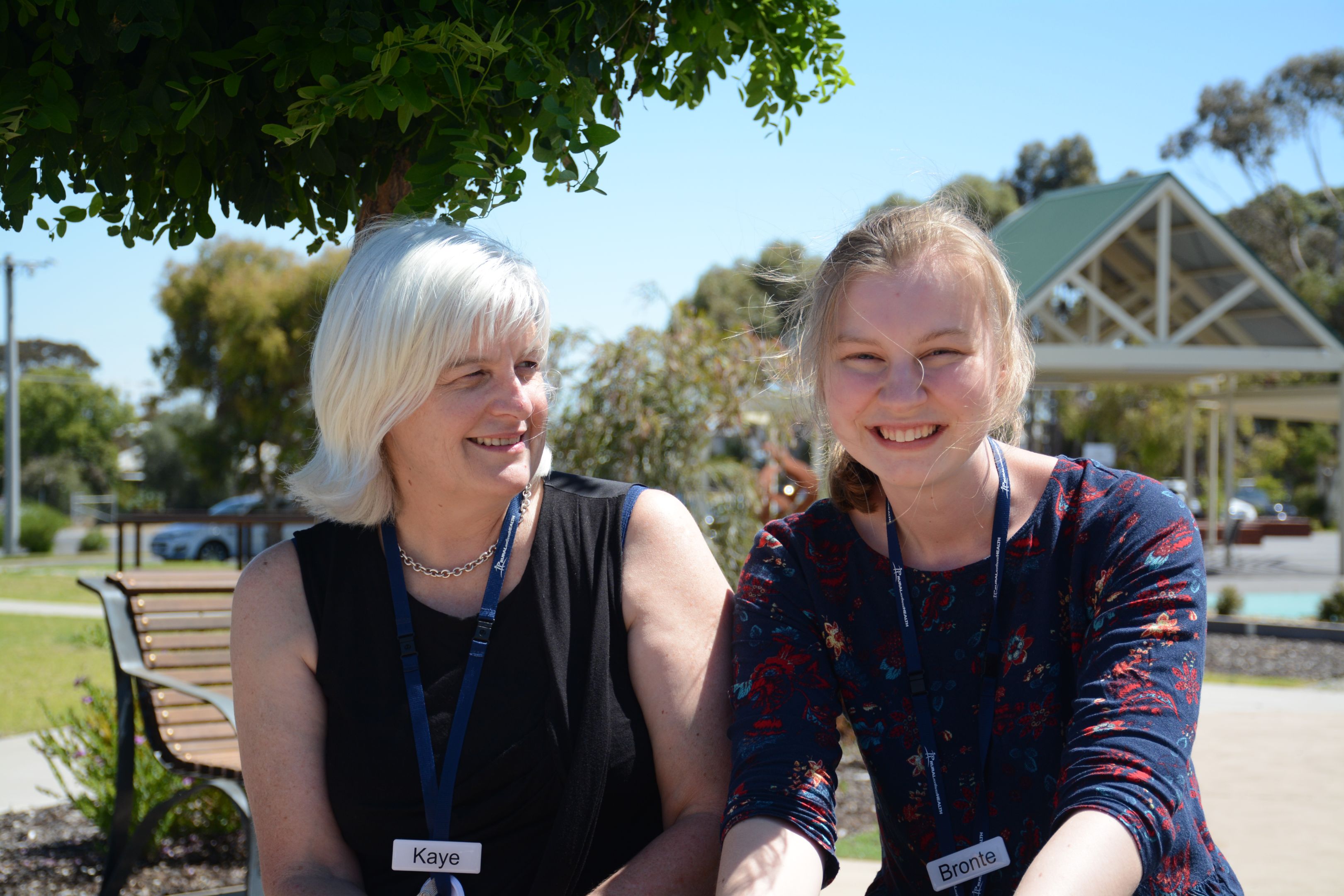 Kaye and Swinburne student, Bronte, outdoors having an informal chat.