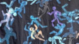 Student artwork featuring layered abstract human figures in blue, purple and red tones.