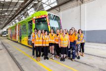 Swinburne design students and Tradeswomen Australia representatives gathered in front of their tram on its launch day. 
