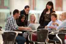 Undergraduate students sitting at a table outside socialising 