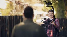 Certificate IV in Screen and Media student Bailey is filming his fellow student as part of his TAFE course on Swinburne's leafy Hawthorn campus.