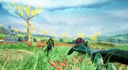 Videogame image, green field with trees and two figures.