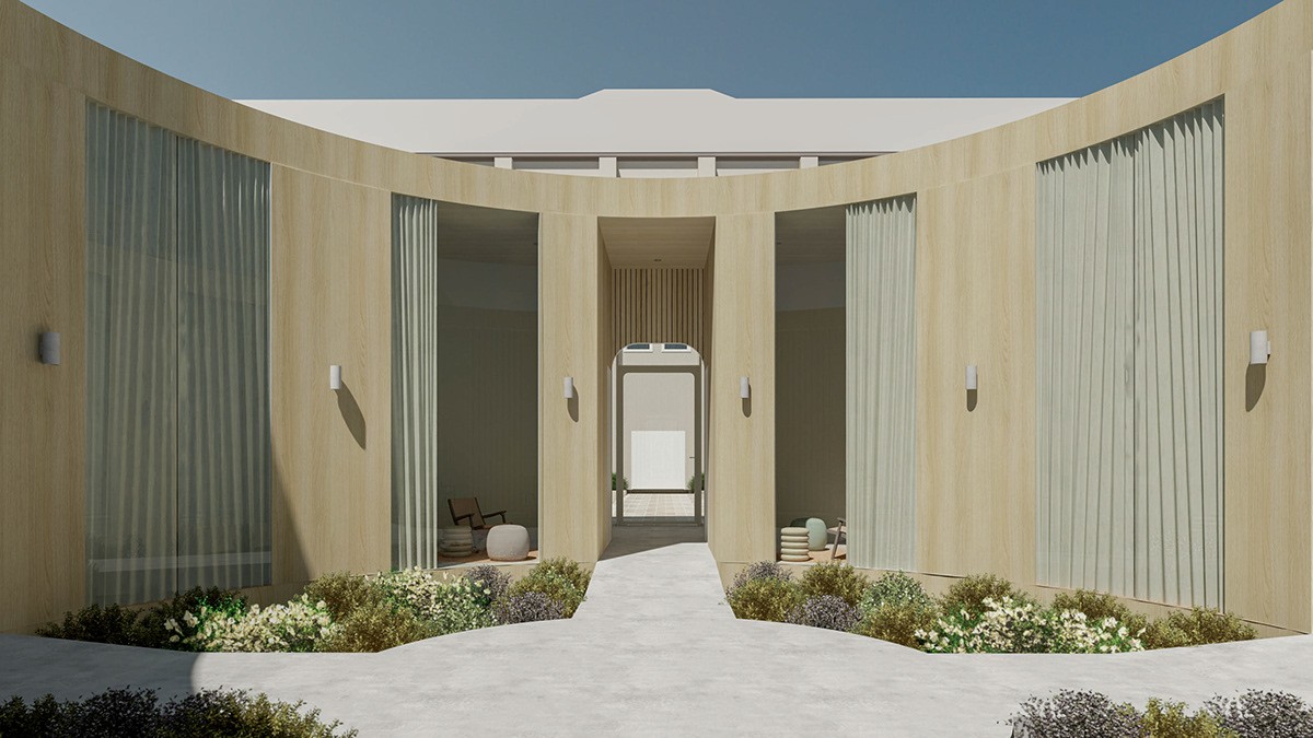 Render of the inside of a circular pavilion with open roof 