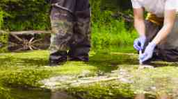 Woman scientist ecologist taking samples of water.