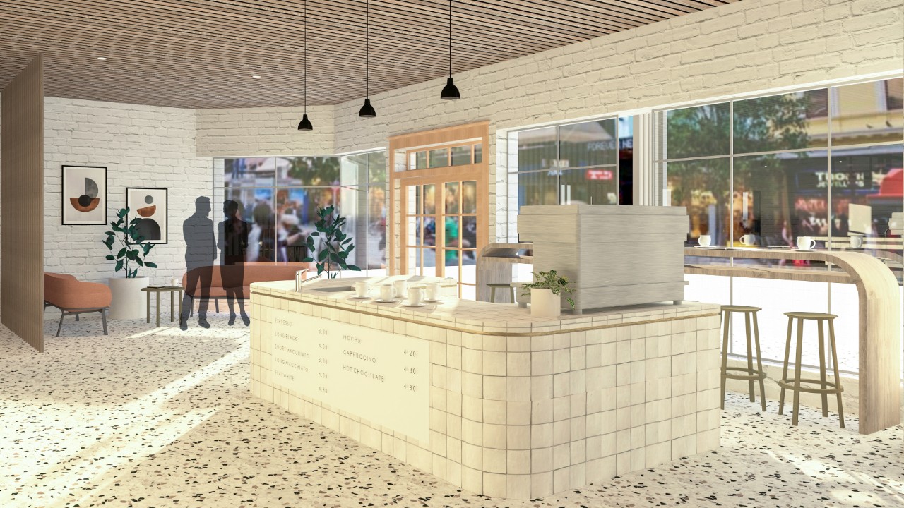 An interior design render of a dining space with cafe and seating.