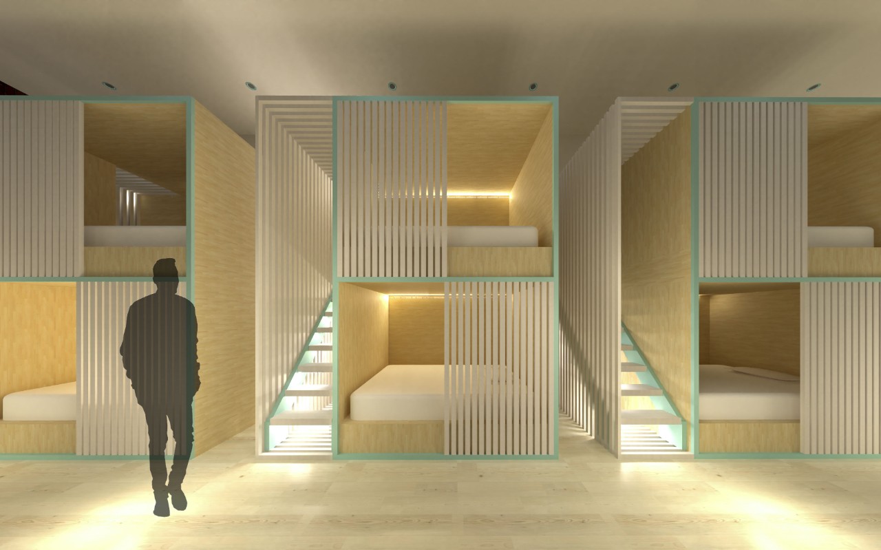 An interior design render of sleeping pods with a human silhouette. 