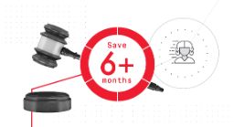 Text says 'Save 6+ months' on white background with a gavel and lawyer icon
